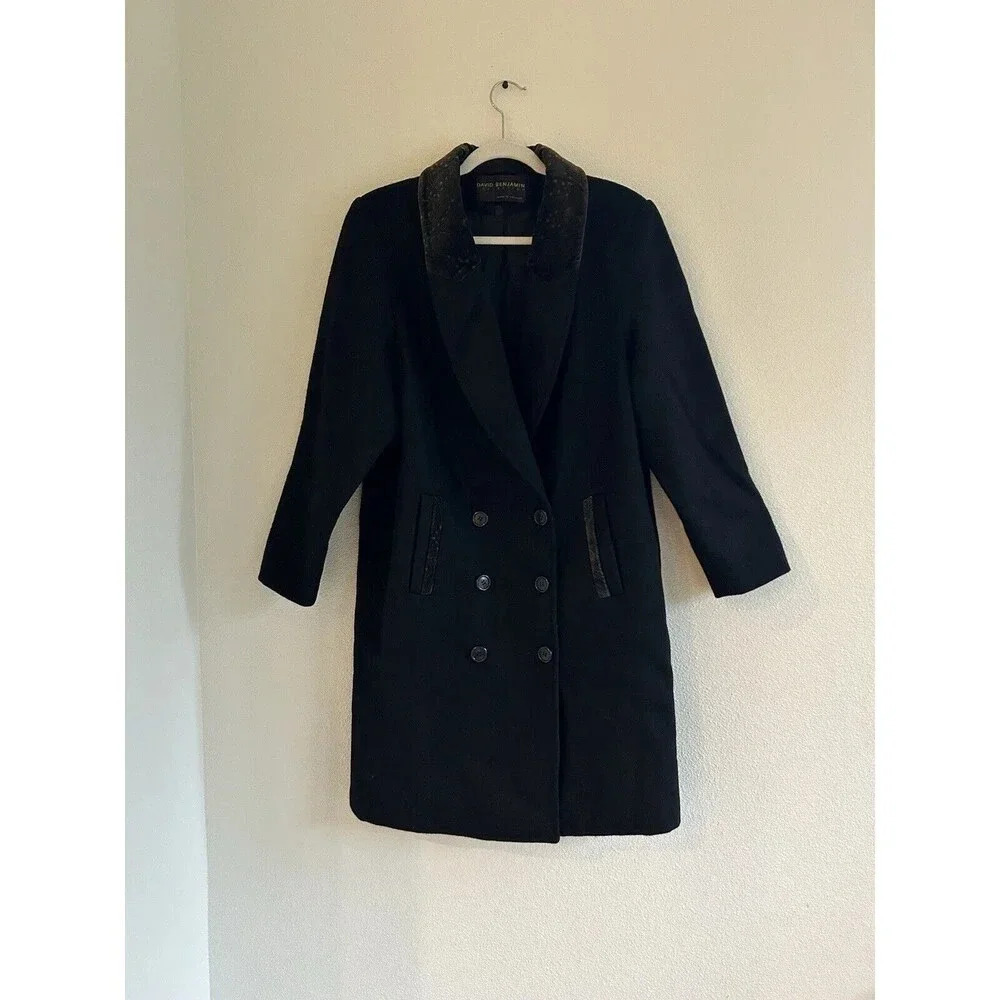 Vintage David Benjamin Collection 100% Wool Peacoat Trench Mob Wife Black 10
